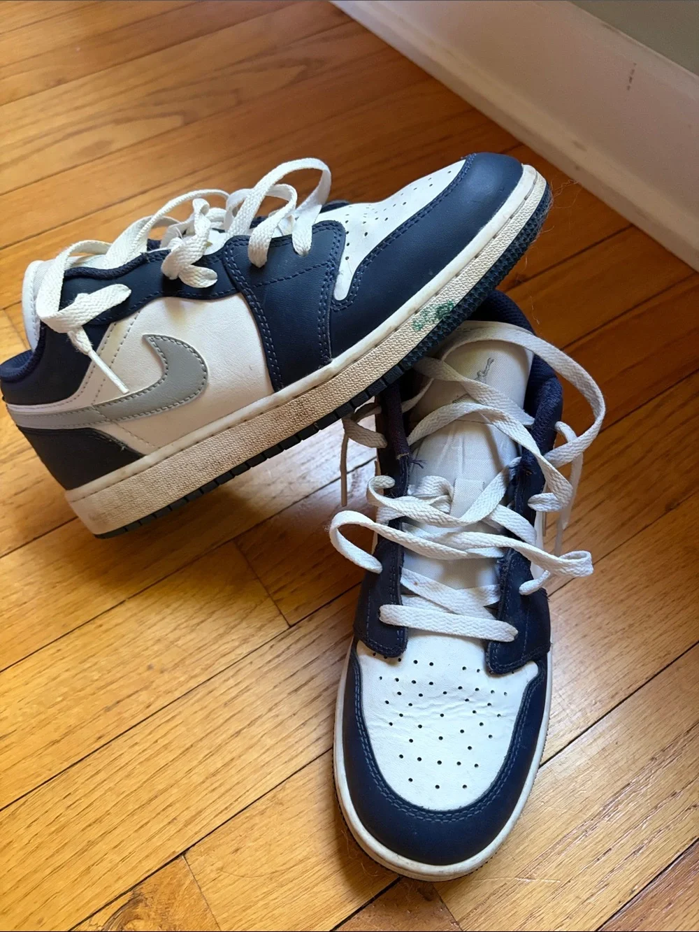 Nike Kids White and Navy Low-Top Sneakers with Gray Swoosh